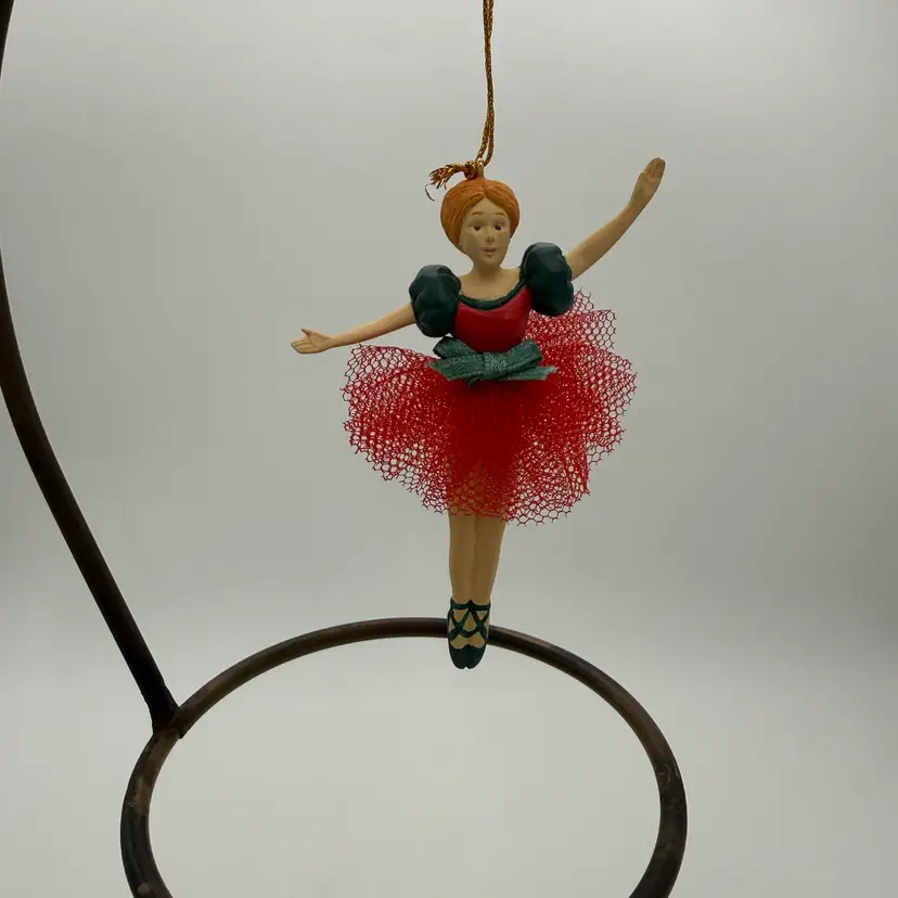 Vintage 1990’s Hallmark Ballerina Ornament With Red Mesh Tutu & Green Bodice 4”