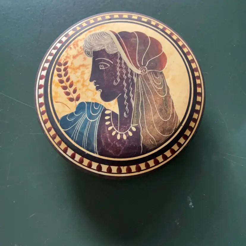 Vintage Greek Clay Trinket Box Hand Painted Goddess Copy Classic Period 500 BC