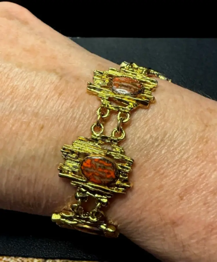 Vintage Bracelet Oval Acrylic Orange Cabochons Gold Tone Adjustable Chain 1960s