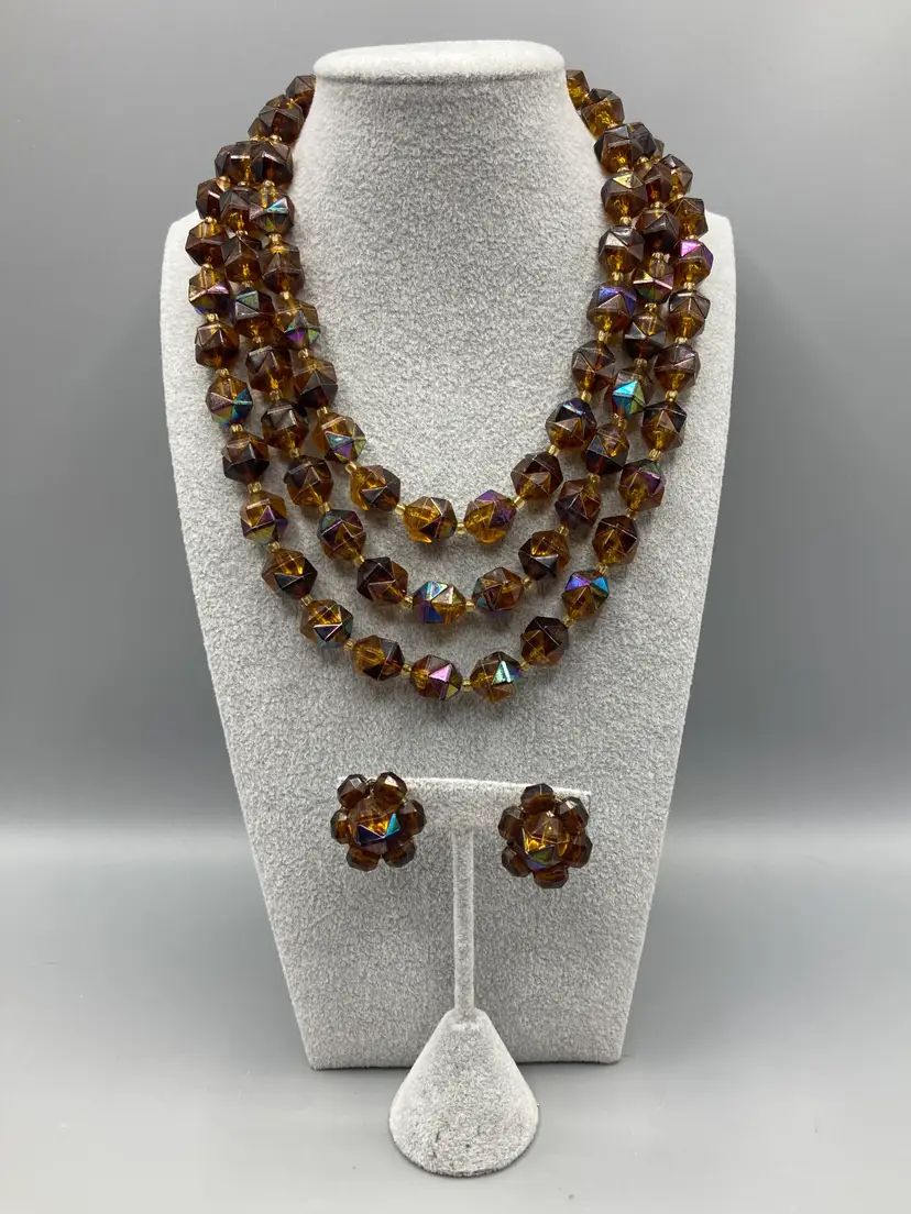 Vintage Brown Stone 3 Strand Necklace and Clip-on Earrings Set - Made in West Germany