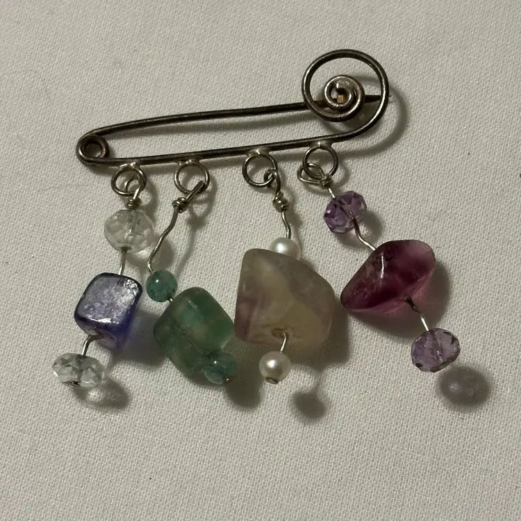 Vintage Handmade Metal Work Pin With Polished Gemstones Dangles