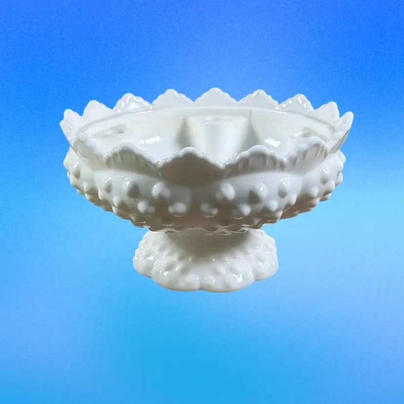 White Fenton Milk Glass Hobnail Foooted 6 Candle/Flower Holder Centerpiece Bowl 6.5” x 3.5”