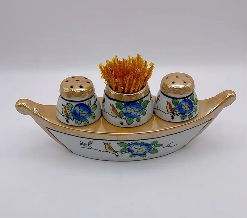 Peach Lustreware, Salt/Pepper/Toothpick Hldr, Boat, Birds/Blue Florals. Sweet!