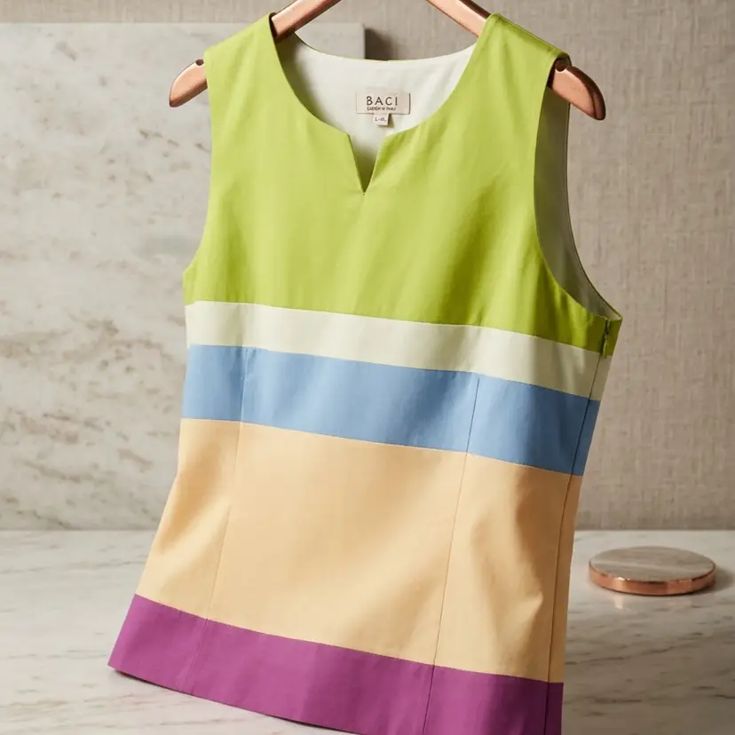 Baci Design Italian Sleeveless Silk Colorblock Top Excellent Condition Size XL