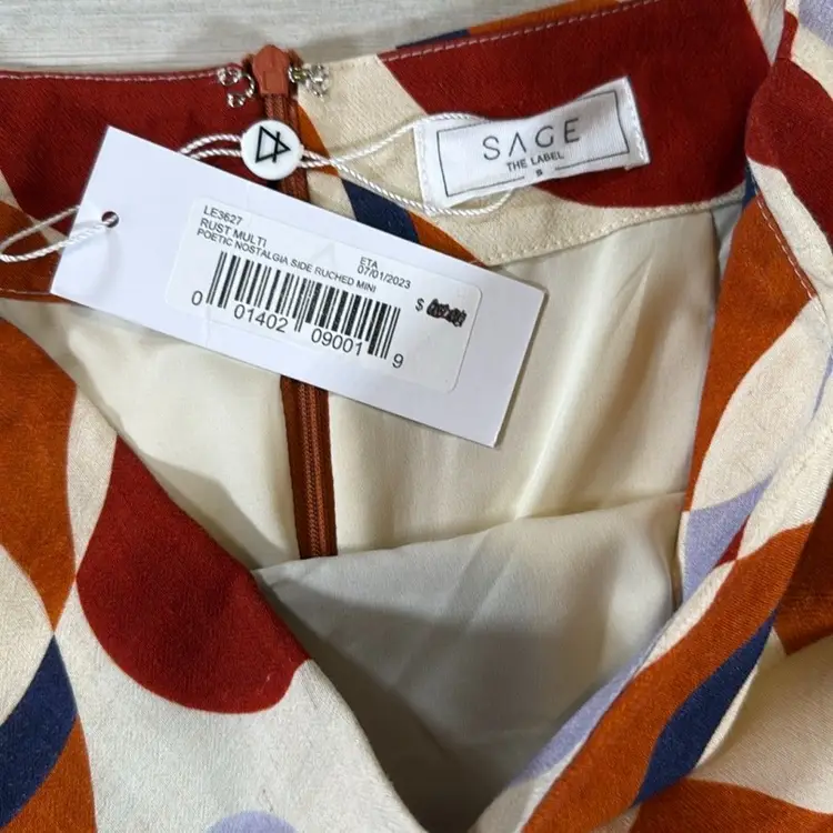Sage The Label Poetic Nostalgia Side Ruched Mini Skirt – Rust Multi, Size Small (Sample Sale)