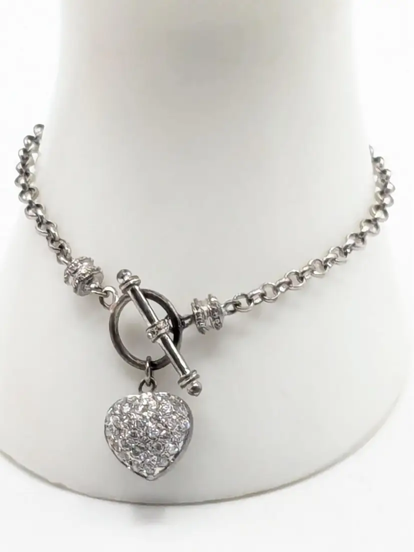 Sparkling Heart Charm Toggle Bracelet Silver Tone