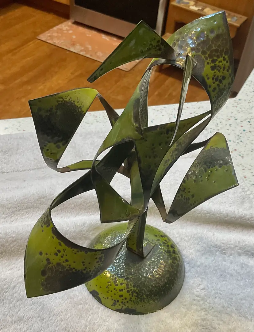 Hanova of Pasadena brutalist MCM green enamel decorative piece, 12 1/2” tall and 7” at widest