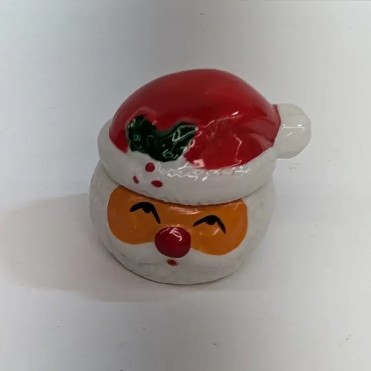 Vintage Christmas Mini Santa Claus Ceramic Candle Holder Hat Lid Hand Painted