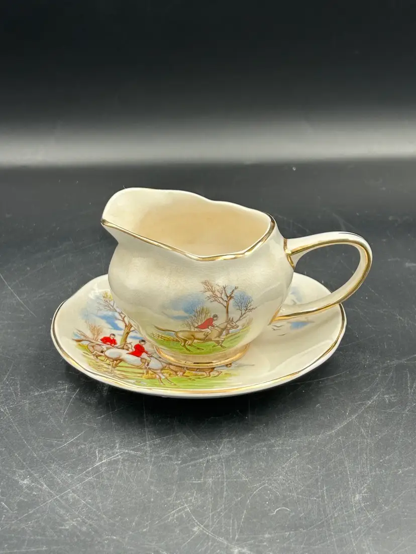 Vintage Arklow Pottery, Ireland, Fox Hunting Scene Creamer And Under Plate