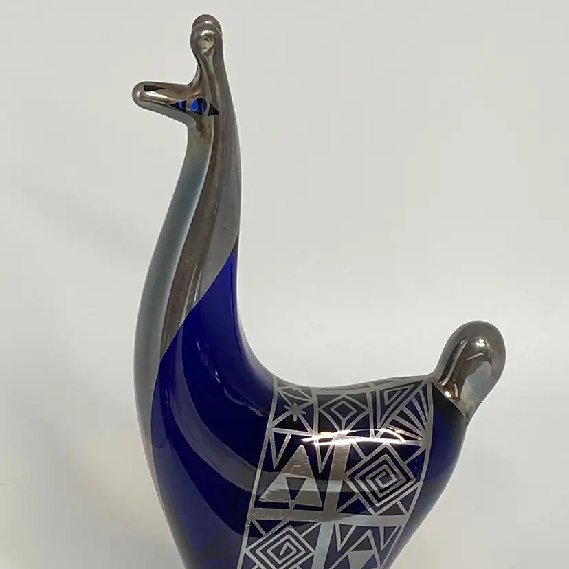 Seclen Artisans Peru Cobalt Blue Glass Llama w/ 990 Silver Trimmed, 6.75" Tall