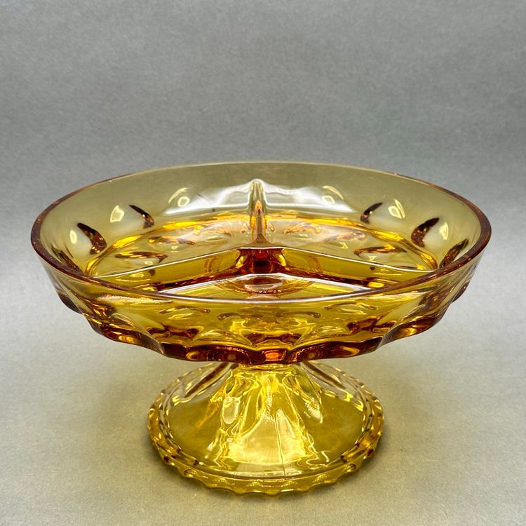 Vintage Amber Glass 3 Part Divided Pedestal Serving Dish With Thumbprint Detail c. 1960’s