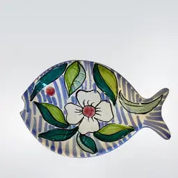 Italian Art Pottery Fish Shaped Bowl Hand Painted Blue Stripes & White Flower Italy 
10-3/4” L x 7” W x 1-3/4” T