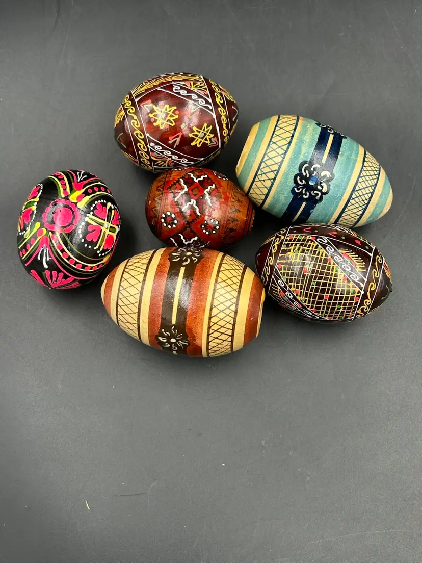 6 Vintage Hand Painted Wood Eggs. European Art Pysanky Various Sizes Folk Art