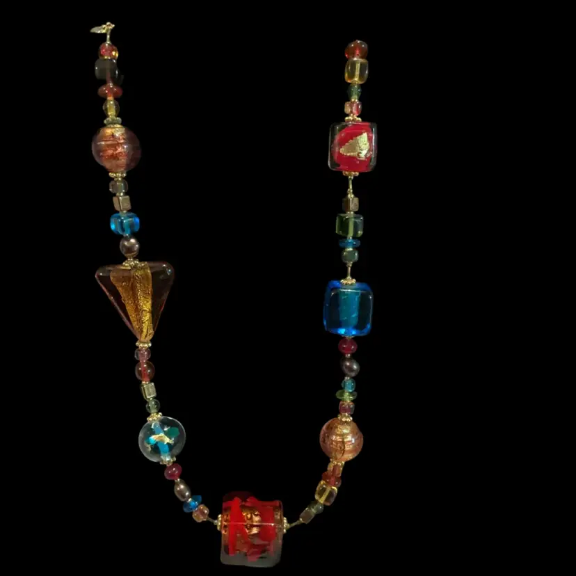 Vintage Italian Hand Blown Art Glass Beaded Necklace. With Multi Vibrant Color & Shapes. Gorgeous Necklace. Not Signed