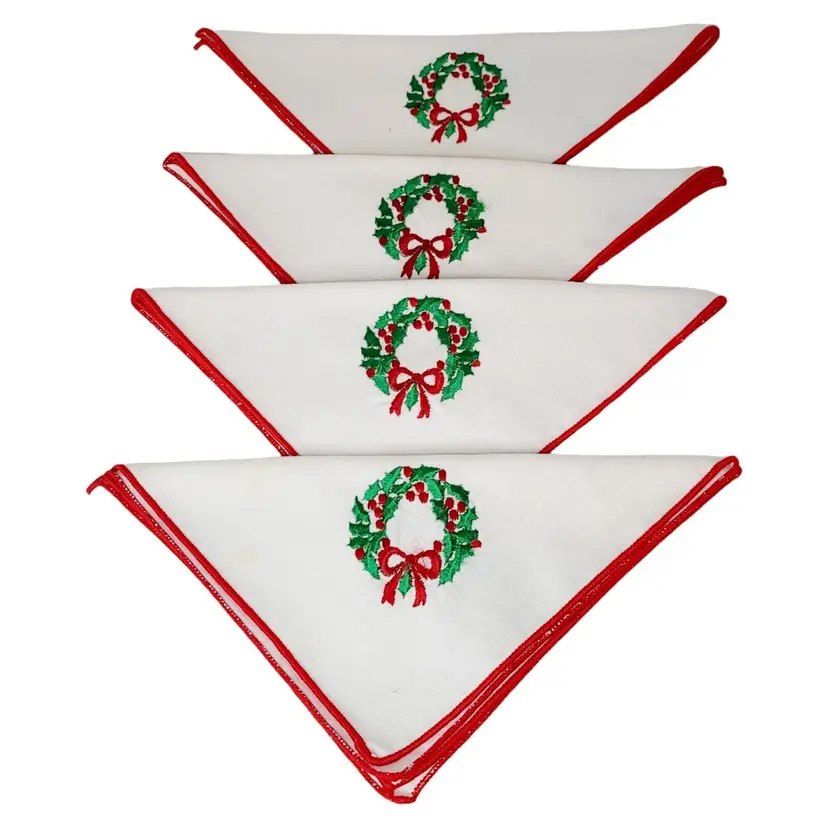 Set Of 4 Vtg Christmas Cloth White Table Napkins Embroidered Green Wreaths