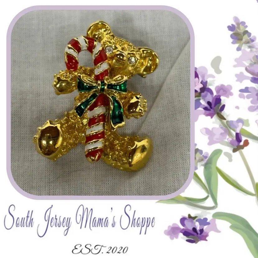 Vintage Gold Tone Teddy Bear With Candy Cane Brooch