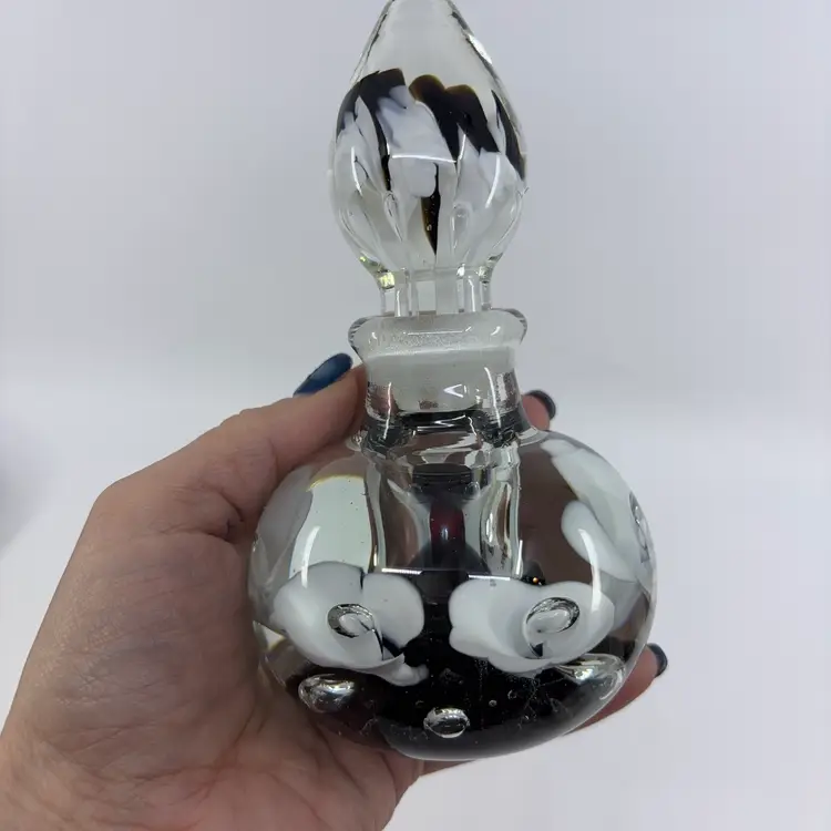 Black Trumpet Flower Joe St. Clair Signed Art Glass Perfume Bottle 6”