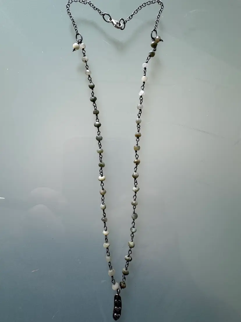 #21 Jadeite Multi Bead And Antique Silver Mini Chain Necklace Accented With Vertical Silver Pendant With Three Hearts  16”