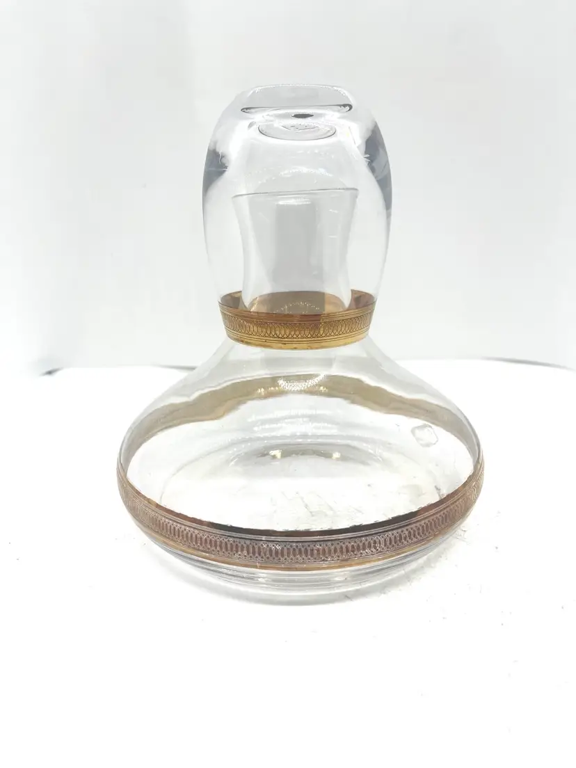 MCM Gold Banded Squat Glass Tumble Up Bedside Carafe & Glass