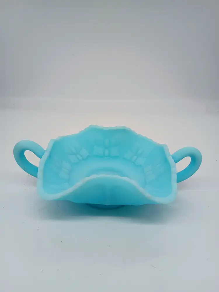 Vintage Fenton Glass Satin Aqua Blue Square Candy Bonbon Dish Butterflies
