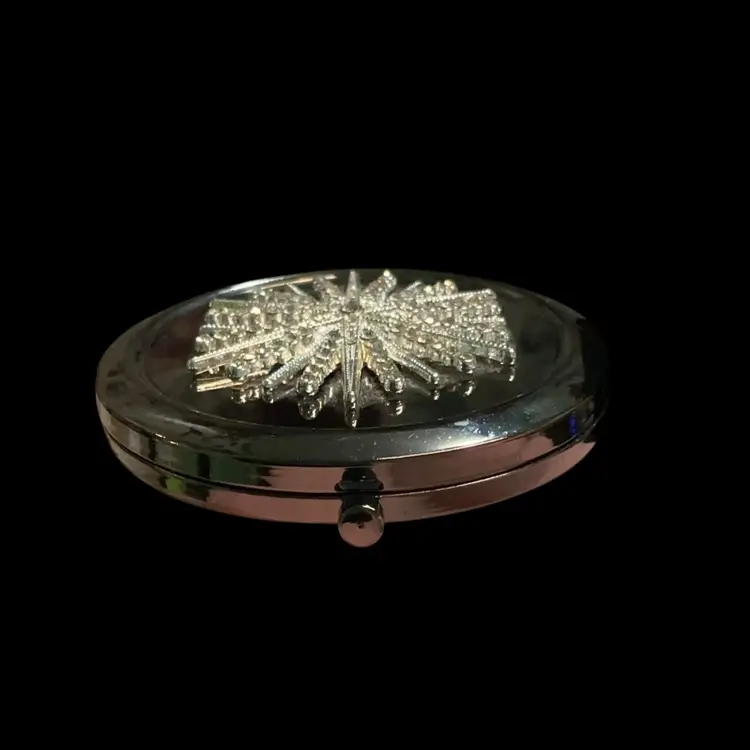 Beautiful Monet Mirror Compact. Crystal Snowflake Design On Lid. Grey In Color.