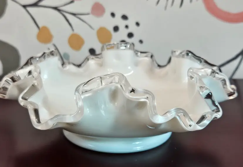 Vintage Fenton Ruffled Silver Crest Trinket Candy Dish Milk Glass 6"