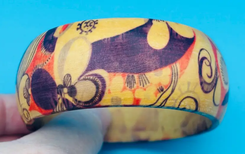Vintage Boho Floral & Abstract Wooden Bangle Bracelet – Colorful Wide Statement Cuff