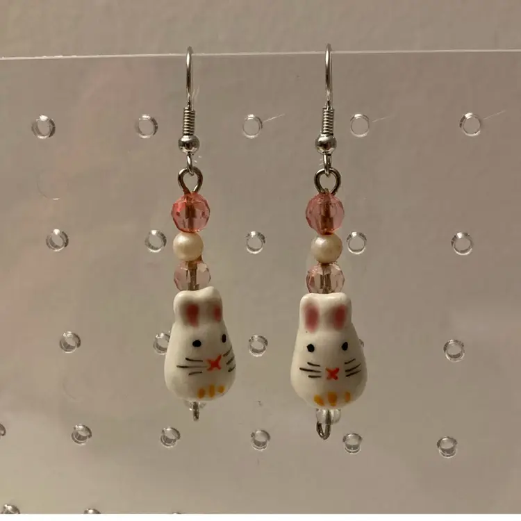 Adorable Porcelain Bunny Drop Earrings Hand Painted
