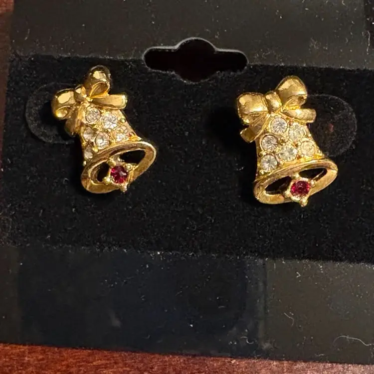 Avon Gold Toned And Rhinestone Christmas Bell Studded Earrings