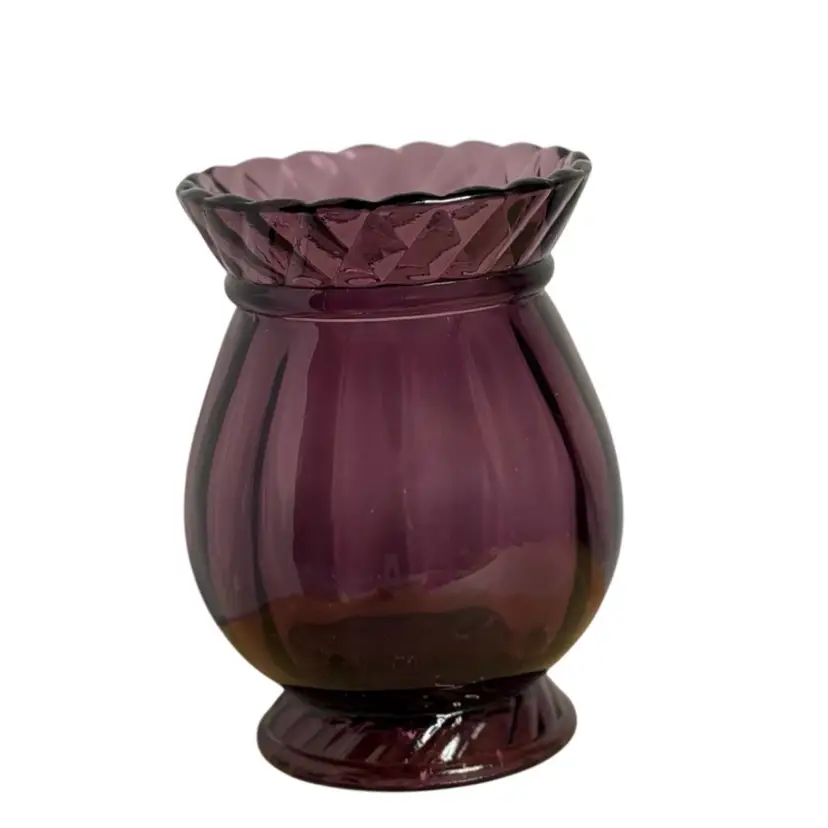 Vintage FENTON Amethyst Quilted Edge Ribbed Glass Vase 2019 Glows
5” T x 3-1/2” W