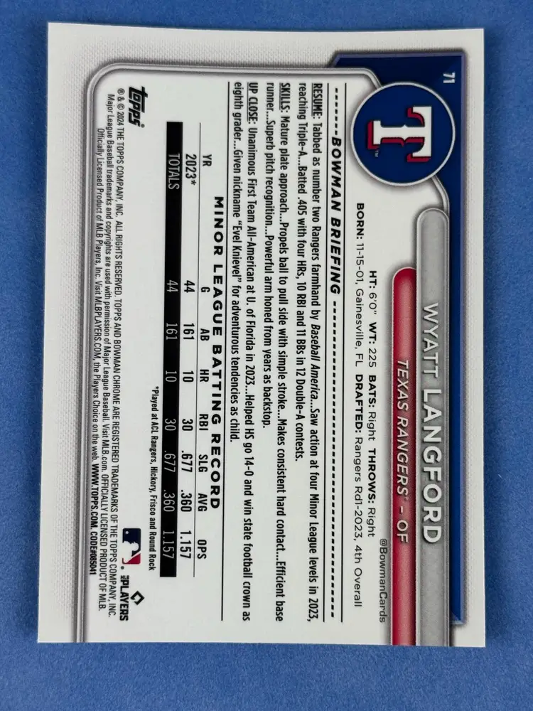 2024 Bowman Chrome Rookie #71 Wyatt Langford RC Rookie Texas Rangers