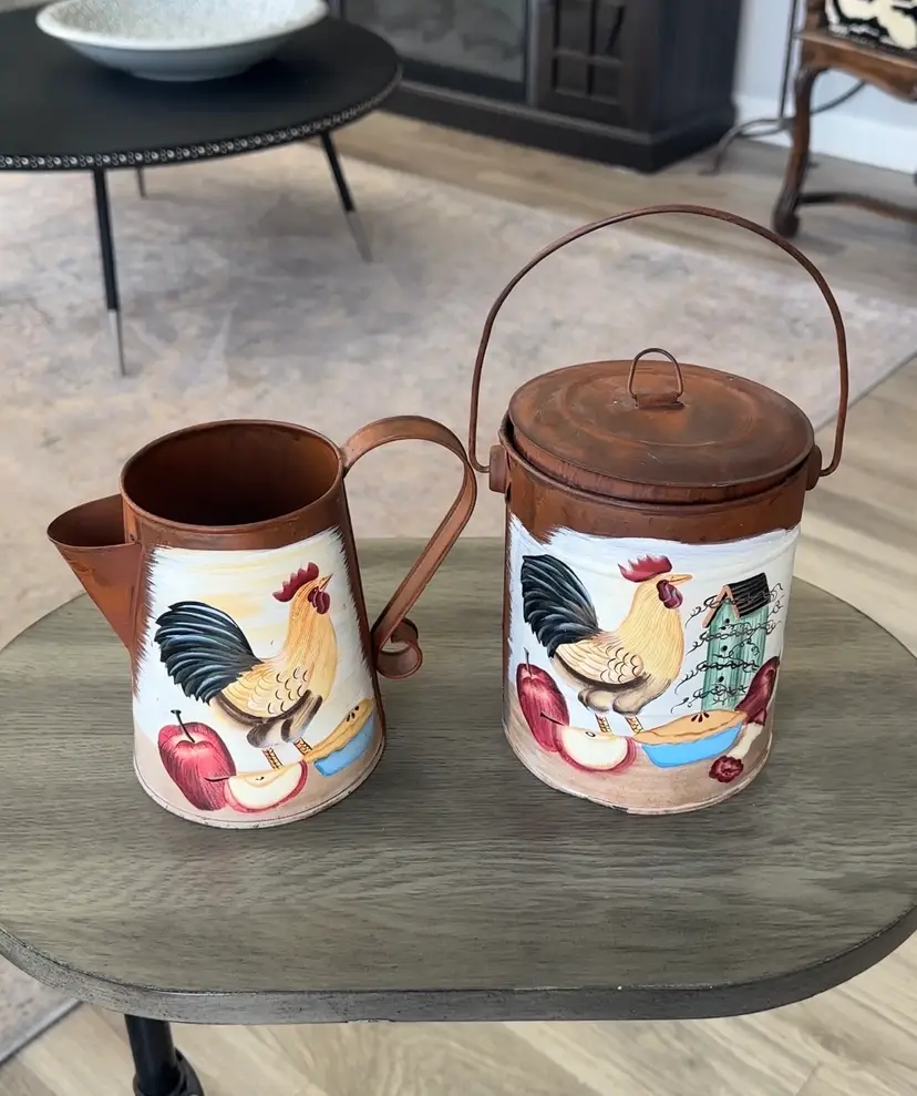 Copper Painted Tin Hand Painted Rooster “Home Sweet Home” Watering Can & Bucket