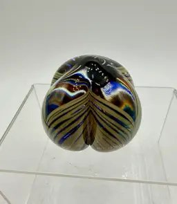 Pulled Feather Glass Paperweight 1977 Rochester Folk Art Guild, Tan Blue Clear