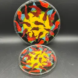 Peggy Karr Fused Glass Chili Pepper Salad Dessert Plates (2) 7.75” & 5.75”