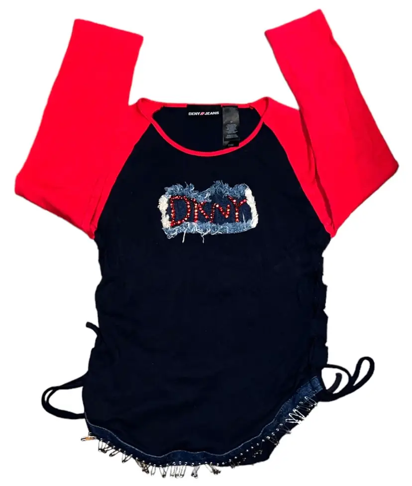 VTG DKNY Jeans Y2K Red/Black Baseball Shirt Rhinestones Safety Pins McBling SZ M