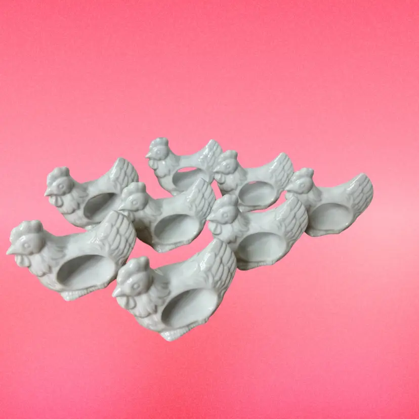 Lot of eight vintage ceramic white chicken hen napkin rings made in Japan