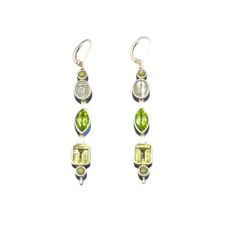 Sterling Silver Peridot, Topaz & Moonstone Dangle Earrings 2.75”