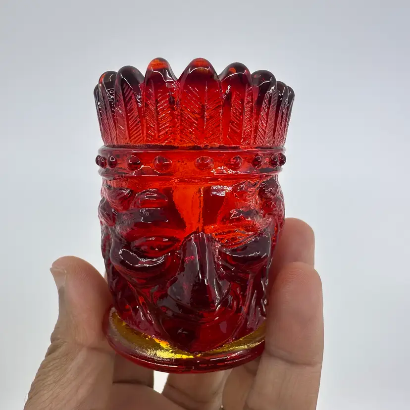 Vintage Joe St Clair Glass Tooth Pick Holder Indian Head Orange Carnival Glass Red