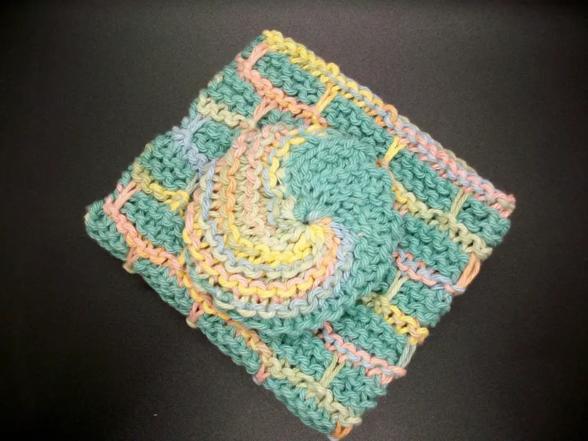 Handmade Knit Green Pink Yellow Cotton Wash-Dish Cloth Scrubbie Set