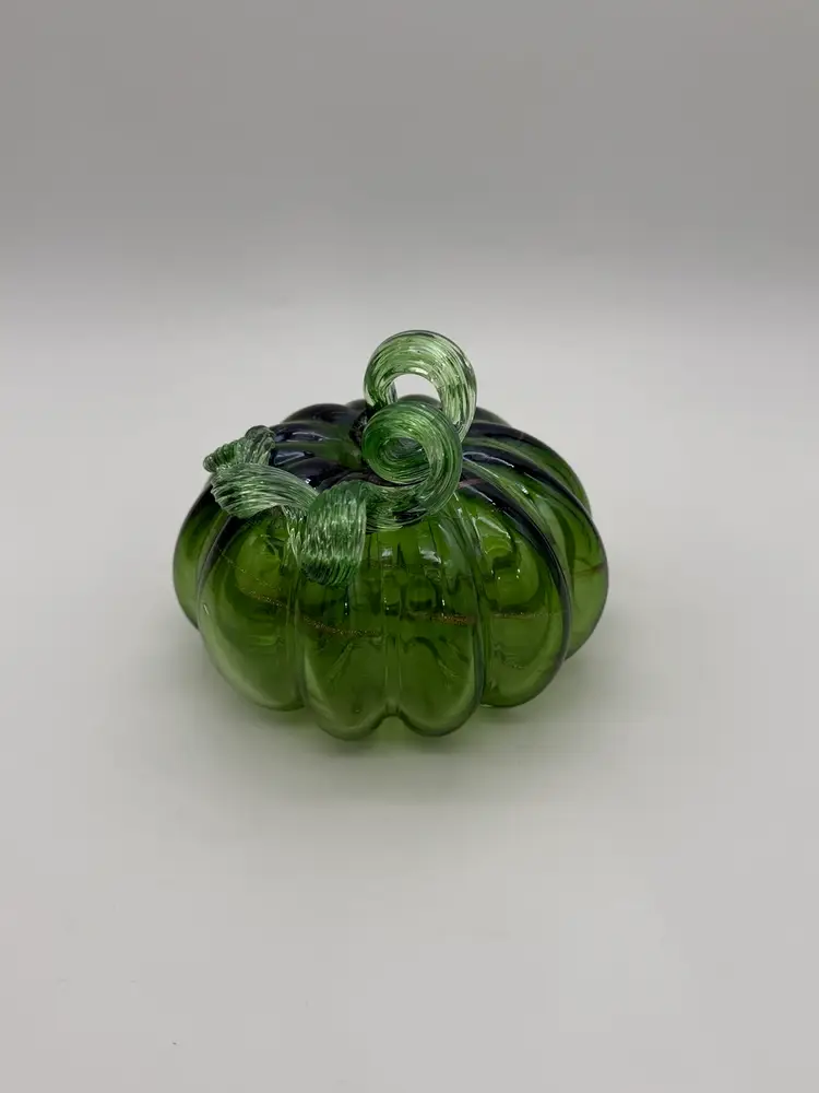 Hand Blown Art Glass Pumpkin Green With Gold Glitter Swirl Twisted Vine 5” X 6”