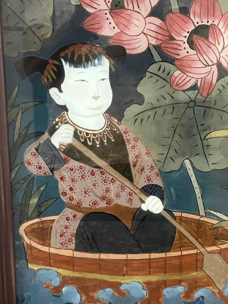Vintage-antique R.O.C. Chinese Reverse Glass Painting, Girl In Boat Lotus Flowers