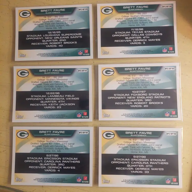 Lot of 6 Brett Favre Flight to 420 inserts. Green Bay Packers.