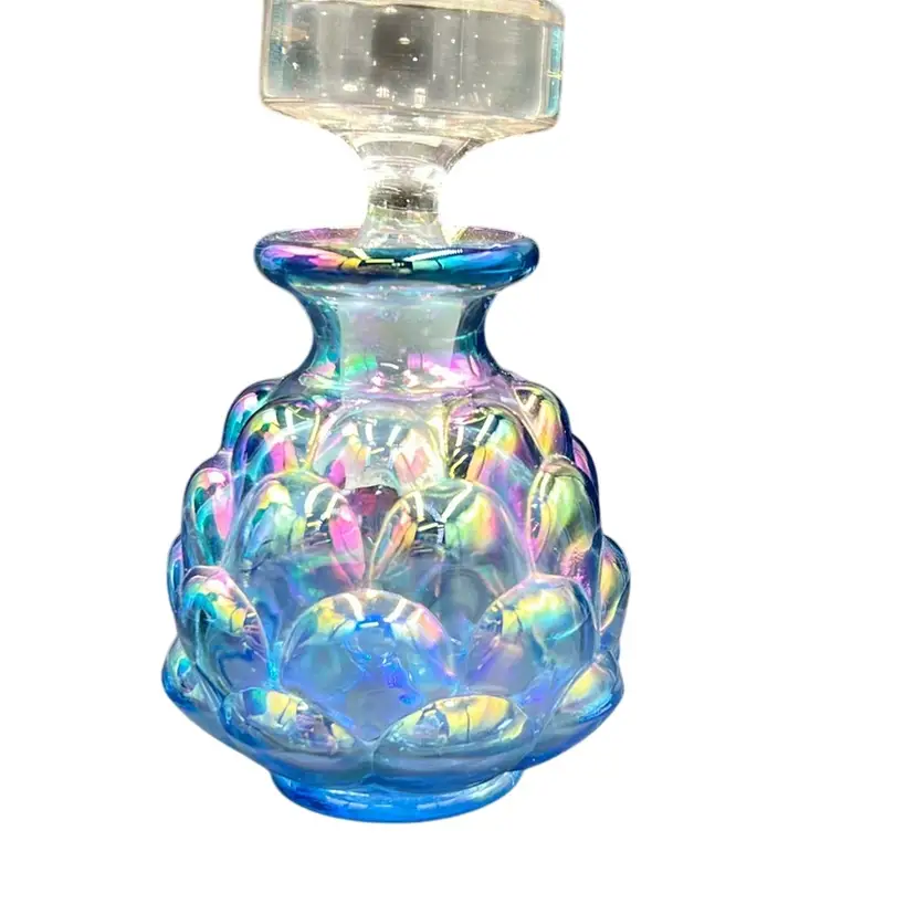 Vintage Fenton Beautiful blue iridescent carnival glass perfume bottle with textured pattern. 4” With Stopper. Sticker On Bottom, Not Stamped.