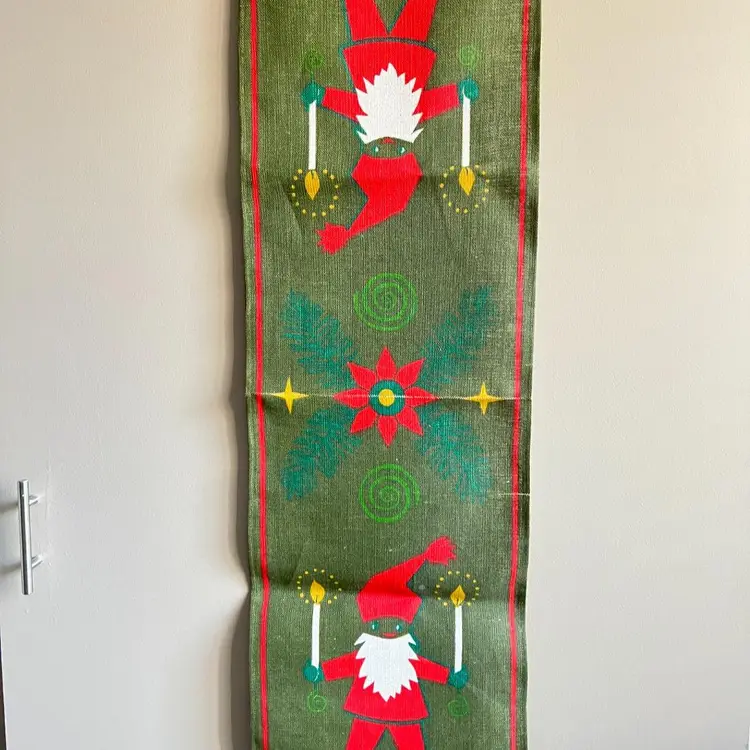 Vintage Scandanavian Christmas Runner Jute Burlap Santa Gnome candles