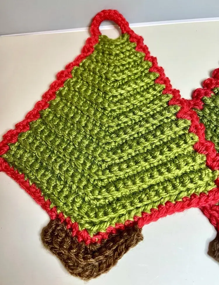 Set of Two Vintage Crocheted Textured Christmas Tree Pot Holders Trivets  11”