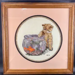 Handmade Cat And Fishbowl Framed Cross Stitch Wall Art 17x17