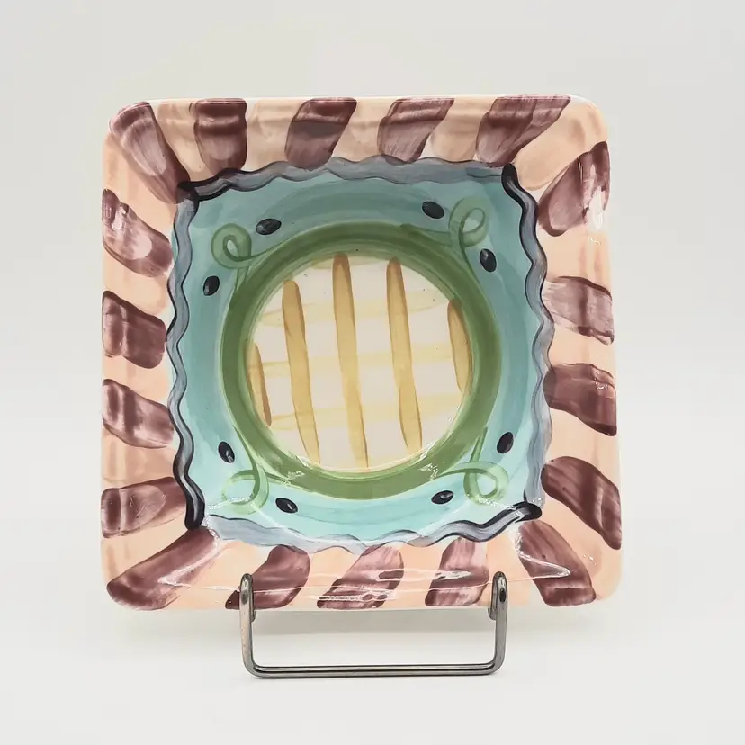Vicki Carroll Art Pottery Handpainted Whimsical Square Dish Bowl