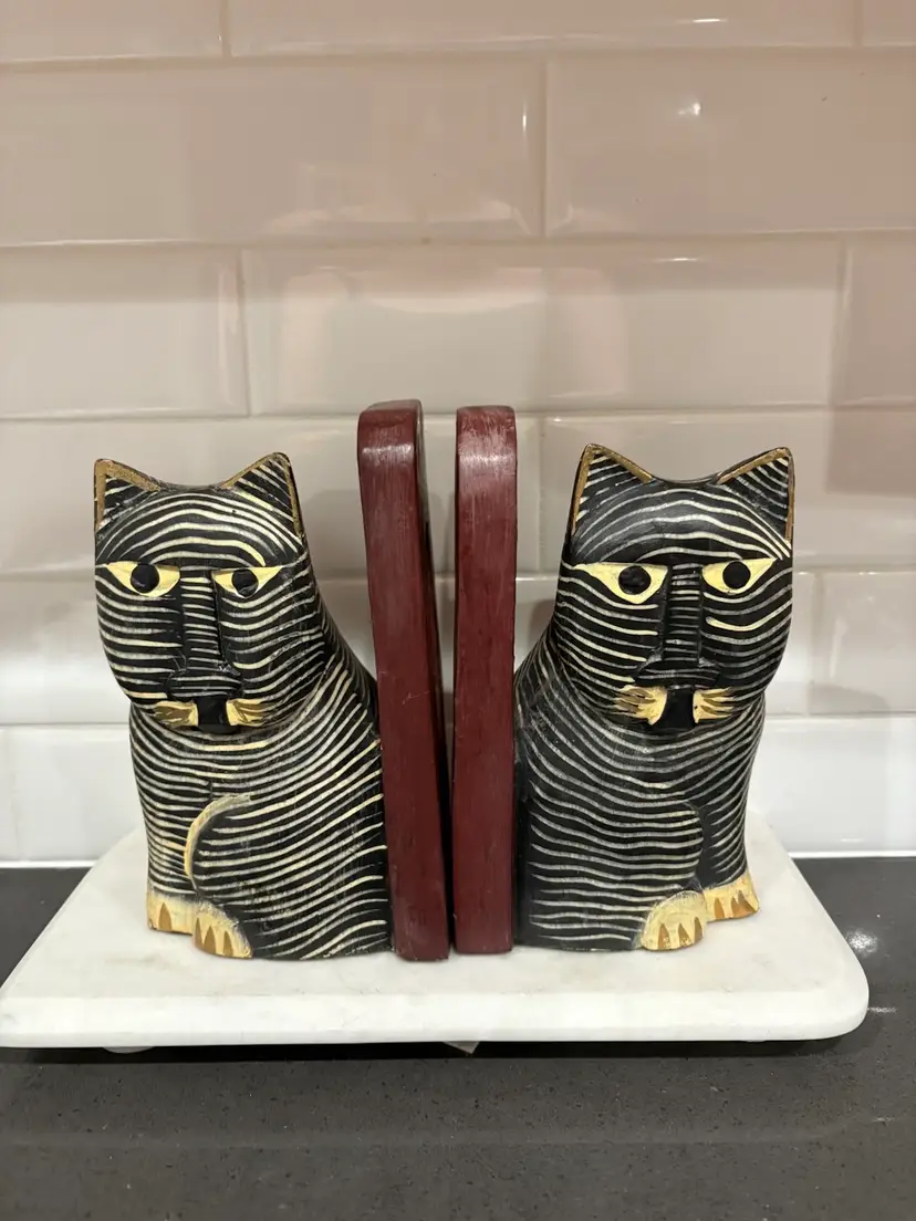 Vintage Laurel Burch Black & White Stripe Cat Painted Folk Art Wood Bookends