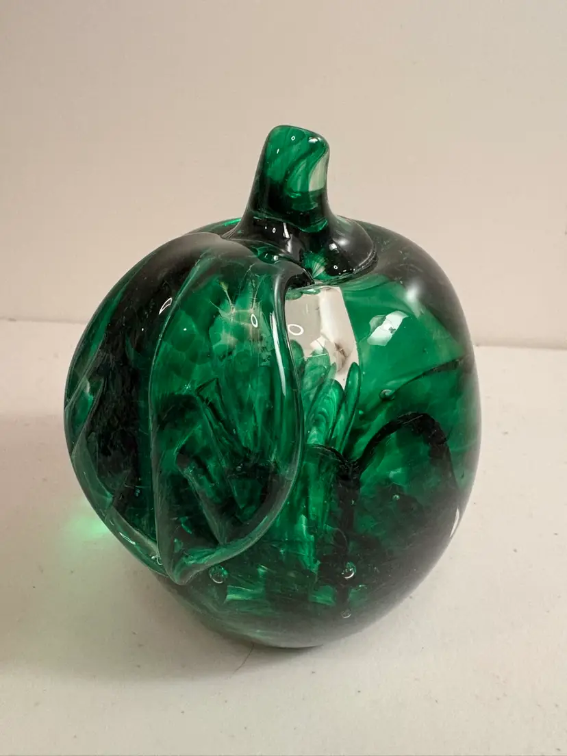 Joe Rice Art Glass 3.75" Green Apple Paperweight Art Figurine Sculpture