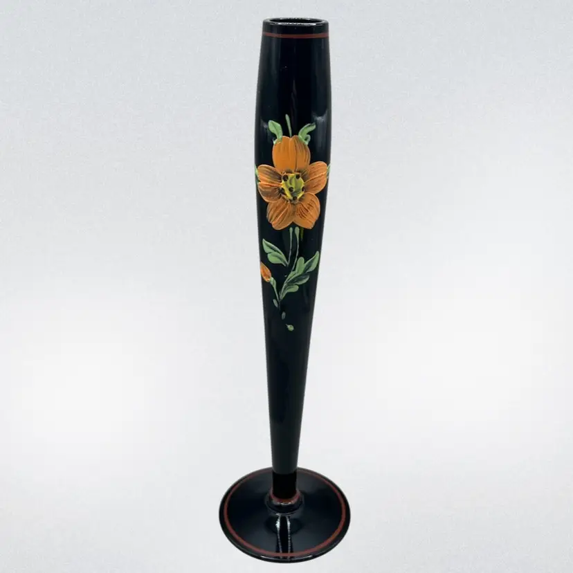 Black Amethyst Glass Bud Vase With Hand Painted Flowers Maryland Glass Co. 10”